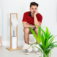 Relaxdays Bamboo Toilet Butler Size: 82 x 30.5 x 21 cm Wooden Toilet Brush Holder with Toilet Paper Holder and Brush as Free-Standing Toilet Roll Holder and Bathroom Stand, Natural Brown and White