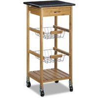 Relaxdays ALFRED Small Bamboo Kitchen Cart w/ Black Marble Countertop 82.5 x 37.5 x 37.5 cm Kitchen Trolley w/ Drawer Serving Cart w/ 2 Stainless Steel Baskets Rolling Kitchen Island w Wheels, Natural