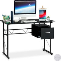 Relaxdays Writing Desk, Modern Office Table with Glass Tabletop and Side Drawer, HWD 75 x 110 x 55 cm, Black