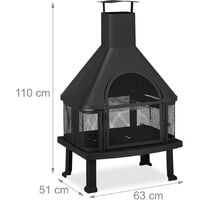 Relaxdays Patio Log Burner With Grill, Outdoor Fireplace With Spark Guard, Fire Poker, Solid, Steel, 110x63x51 cm, Black