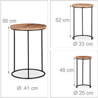 Relaxdays Nested Side Tables Set of 3, Round Tabletops, 3 Sizes, Metal and Mango Wood, Side Table, Natural