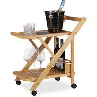 Relaxdays Bamboo Kitchen Trolley, Foldable Serving Cart with Bottle Holder, Wooden, Castors, HxWxD: 70 x 40.5 x 65 cm, Natural