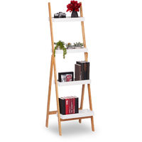 Relaxdays Ladder Shelf, Foldable Bamboo Shelving, Bathroom Storage Shelves, Bookcase, HWD 145x45x42 cm, White/Natural