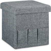 Relaxdays Folding Ottoman Pouffe 38 x 38 x 38 cm Sturdy Seat with 3 Side Pockets Foldable Footstool Stool Storage Box with Storage Space and Removable Lid Seat for the Living Room, Grey