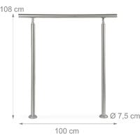Relaxdays Stainless Steel Handrail Set, for Indoors and Outdoors, Bannister, 1.0 m Long, 2 Posts, No Crossbars, Silver
