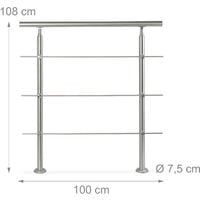 Relaxdays Stainless Steel Handrail Set, for Indoors and Outdoors, Bannister, 1.0 m Long, 2 Posts, 3 Crossbars, Silver