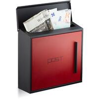 Relaxdays Modern Red Letterbox in 2-Colour Design, DIN-A4 Slot, Steel, Large, HxWxD: 33 x 35 x 12.5 cm, Black-Red