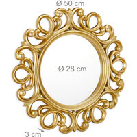 Relaxdays Round Wall Mirror, Decoration for Hallway, Bathroom, Living Room & Bedroom, Frame, Ornament, ∅ 50 cm, Gold