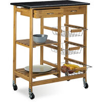 Relaxdays ALFRED XL Bamboo Kitchen Cart with Black Marble Counter, Size: 82.5 x 67.5 x 37.5 cm Kitchen Trolley with 2 Drawers Serving Cart w/ 3 Stainless Steel Baskets Kitchen Island Rolling w/ Wheels