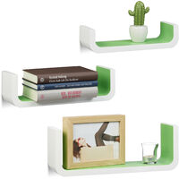 Relaxdays U-Shaped Wall Shelves Set of 3, Small Wooden Floating Shelves, 10 cm Depth, 40 cm Width, White-Green