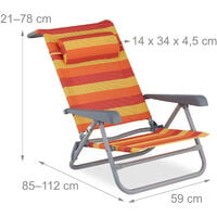 Relaxdays reclining beach chair, sun lounger, headrest, adjustable, folding, armrest & bottle opener, yellow/red/orange