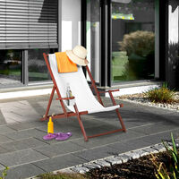 Relaxdays folding deck chair, wooden, 3 reclining positions, armrest & drinks holder, 120 kg, beach chair, white