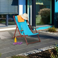 Relaxdays folding deck chair, wooden, 3 reclining positions, armrest & drinks holder, 120 kg, beach chair, light blue