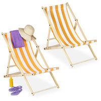 Relaxdays folding deck chairs set of 2, wood & fabric cover, 3 reclining positions, 120kg, beach chair, white & yellow