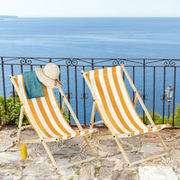 Relaxdays folding deck chairs set of 2, wood & fabric cover, 3 reclining positions, 120kg, beach chair, white & yellow