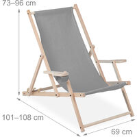 Relaxdays folding deck chair, wooden, 3 reclining positions, armrest & drinks holder, 120 kg, beach chair, grey