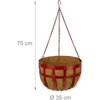Relaxdays hanging baskets, set of 3, with coco liner, metal outdoor planter with hook, size 75 x 35 cm, in red