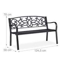 Relaxdays garden bench, 2 seater, 124.5 x 58 x 78 cm (LxWxH), robust cast iron, weatherproof outdoor seating, anthracite