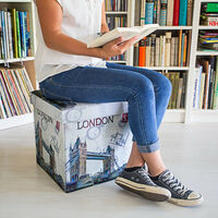 Relaxdays Folding Seat Box Ottoman 38 cm Sturdy Seat Cube with Trendy Motifs as Practical Footrest with Cofortable Faux Leather Cover for Storage Box Pouffe with Removable Lid, London