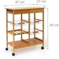 Relaxdays JAMES Bamboo Serving Trolley Cart with 2 Drawers and 3 Baskets, Wheeled Wooden Kitchen Island with a Shelf for Plates and Wine Bottle Rack, 80 x 67 x 37 cm, XXL, Natural