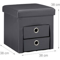 Relaxdays Folding Storage Ottoman with 2 Pull-Out Compartments Drawers, Footstool Total Size: 38 x 38 x 38 cm Faux Leather Seat Pouffe with Foldable Storage Space with Removable Box Stool, Grey