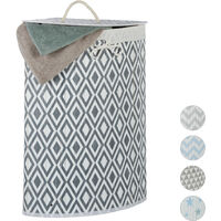 Relaxdays Bamboo Corner Laundry Hamper, Folding, Diamond, 60L, Lidded, Laundry Bag, 65.5 x 49.5 x 37 cm, White-Grey