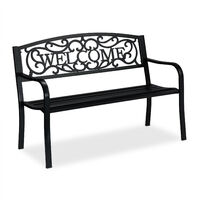 Relaxdays WELCOME garden bench, 2 seater, sturdy, weatherproof outdoor seating, patio seating, black