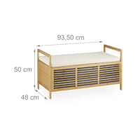 Relaxdays Bamboo Storage Bench Size L: 46 x 93 x 50 cm, Ottoman Seat, w/ Padding, Footstool & Storage Box w/ Lid and Handles, Natural Brown