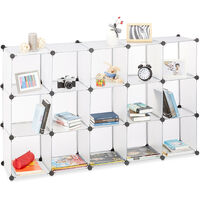 Relaxdays Modular Plastic Shelf, Expandable Shelving System, 15 Durable Compartments, Individual Standing Shelf, Transparent