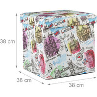 Relaxdays Ottoman with Storage Space, Faux Leather Storage Box, Foldable Cube with London Print HWD 38 x 38 x 38 cm, Colourful