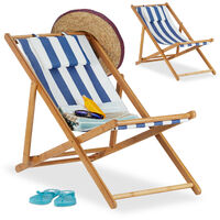 Relaxdays Deck Chair Set of 2, Folding Bamboo Lounger, Fabric with Cushion, Foldable, Compact, Blue