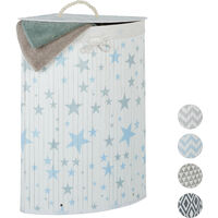 Relaxdays Bamboo Corner Laundry Hamper, Folding, Stars, 60L, Lidded, Laundry Bag, 65.5 x 49.5 x 37 cm, White-Blue