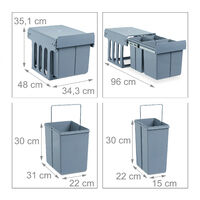 Relaxdays Built-In Kitchen Bin, 3-Compartment Waste Separation System, 15 & 8 L, Plastic, HWD 35x34x48cm, Grey