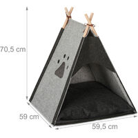 Relaxdays Dog Tent, Large Teepee Retreat for Cats, Felt & Wood, Cushion, 70.5x59.5x59cm, Light Grey