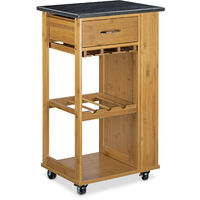 Relaxdays ALFRED L Bamboo Kitchen Cart w/ Black Marble Countertop, Total Size: 81.5 x 47.5 x 37.5 cm Kitchen Island Kitchen Trolley with Wine Glass Holder and Wine Rack Serving Cart, Natural Brown