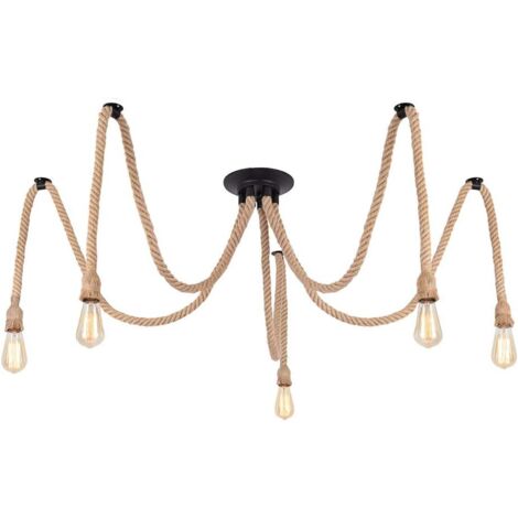 ZOLGINAH Suspension Luminaire Induistrielle Lampe 5 têtes Réglable Lampe Lustre,Suspensions en corde de chanvre créatif pour salon,salle de restaurant, bar, café (1/5)