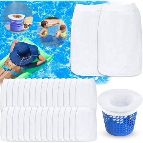 Lot de 30 chaussettes d'écumoire de piscine, chaussettes filtrantes de piscine, préfiltre d'écumoire réutilisable et super élastique pour panier de piscine (blanc) (1/5)