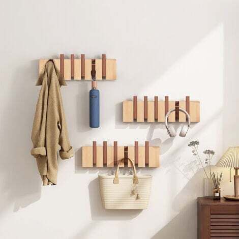 Porte-manteau mural avec 6 crochets rétractables, porte-manteau mural, cintre d'angle en bois massif pour suspendre manteaux, foulards, sacs à main, etc., adapté à la chambre et au vestiaire (1/4)