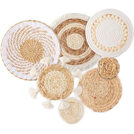 Lot de 7 paniers muraux bohèmes tissés à suspendre - Décoration murale en jonc de mer et rotin - Décoration murale ronde écologique pour ferme, chambre à coucher, salon, table de cuisine, maison