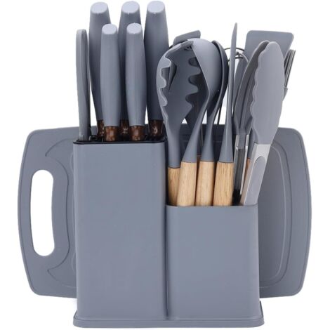 Set Couteaux de cuisine, ensemble d'Ustensiles de cuisine de 19 pièces, comprenant 5 couteaux et 13 Ustensiles de cuisine en silicone, ainsi qu'une boîte de rangement(Gris)