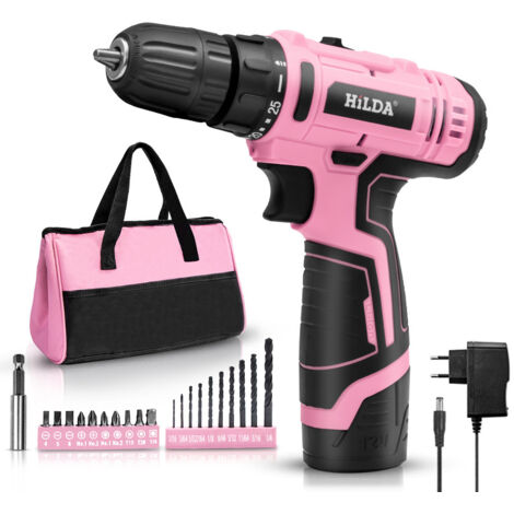 Perceuse-visseuse sans fil : perceuse-visseuse sans fil 12 V, visseuse sans fil rose, 21 accessoires, lumière LED, avec adaptateur (1/4)