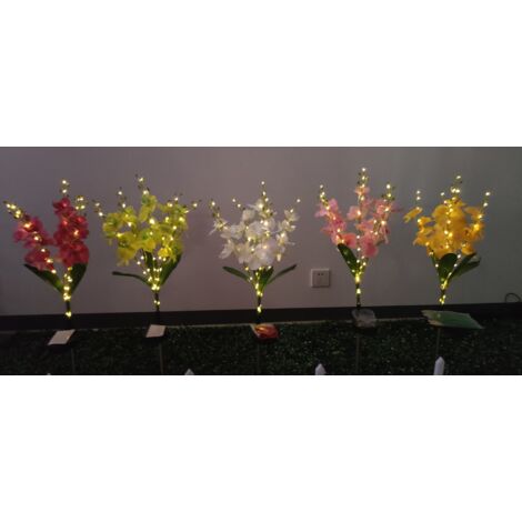 Lampes solaires en forme de fleurs, lot de 5, avec orchidées violettes et jaunes, lampes solaires d'extérieur, lampes solaires étanches pour jardins, terrasses, allées, pelouses, parterres de fleurs e (1/4)