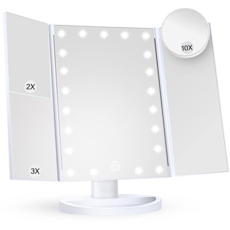 Miroir de maquillage avec éclairage, grossissement x2, x3, x10, commande tactile, pliable en trois parties, blanc, 24 cm (L) x 34 cm (l), style contemporain, montage sur meuble-lavabo, salle de bain (1/5)