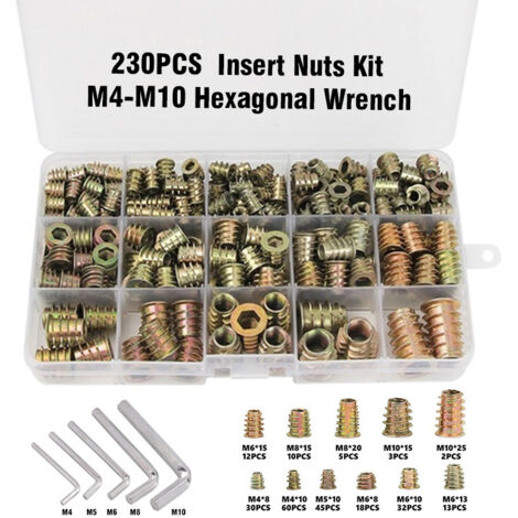 230 Pièces Alliage de Zinc Insert Fileté Hexagonale Écrous Inserts Fileté Insert Écrous Filetage Extérieur M4 M5 M6 M8 pour Kit d'outils d'écrou pour Meubles en Bois (1/4)