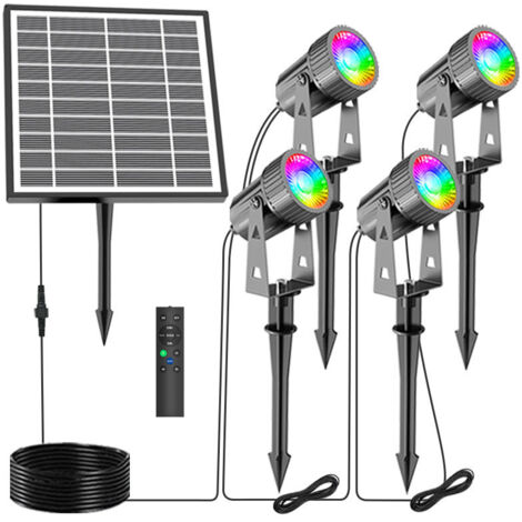 Projecteur LED d'extérieur, éclairage solaire de jardin 3 W, couleur RVB, 1 440 lm, avec terre, étanchéité IP65, avec télécommande (lot de 4) (1/5)
