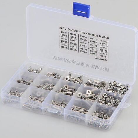 Kit d'assortiment de boulons de câble à tête creuse en acier inoxydable M3 M4 M5, 440 pièces, Kit d'assortiment de vis de contre-écrou avec boîte de rangement (1/3)