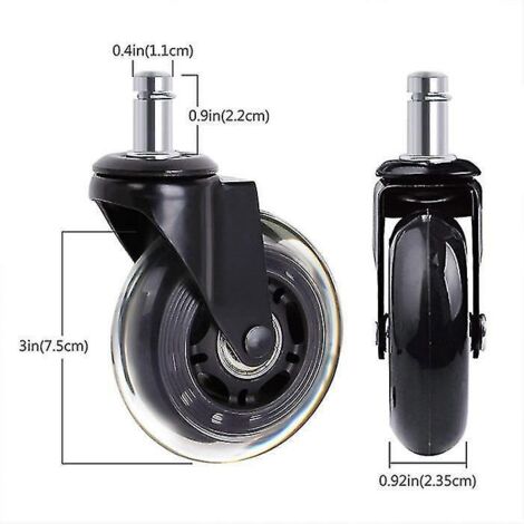5-pack roulettes de chaise de bureau de style skate 75 mm roues noires de remplacement universelles résistantes à l'abrasion (1/2)