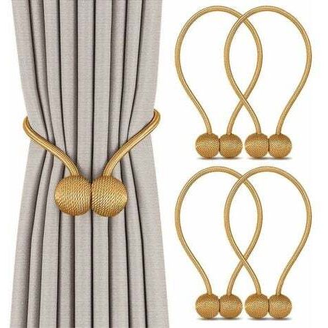 Lot de 4 Embrasses de Rideaux, Embrasses Rideau Aimantée Tressage Magnétiques Rideaux Boucle pour Décoration de Bureau Maison (Or)-- (1/4)