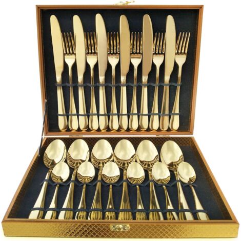 Ménagère 24 couverts dorés et modernes, acier inoxydable