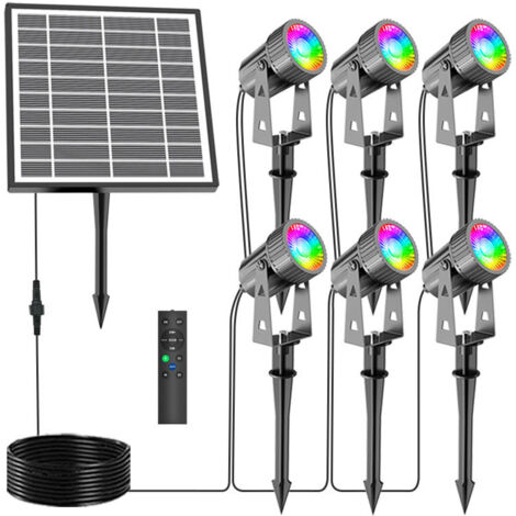 Projecteur LED d'extérieur, éclairage solaire de jardin 3 W, couleur RVB, 1 440 lm, avec terre, étanchéité IP65, avec télécommande (lot de 6) (1/5)